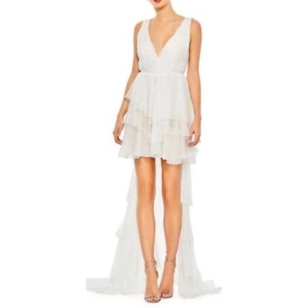 IEENA FOR MAC DUGGAL Tiered Ruffle High/Low Gown Built In Bodysuit Sz 6 $398 NWT
